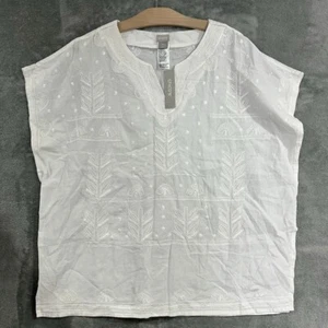 Chico's besticktes Baumwollleinen übergroß weiß kastenförmig Bluse Top Gr. S/M - Bild 1 von 10