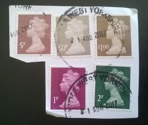 5x MACHIN STAMPS  5p SG U2922/ 50p U2911 /£1 U2934 / 1p u2920 /2p U2921 POSTMARK - Picture 1 of 2