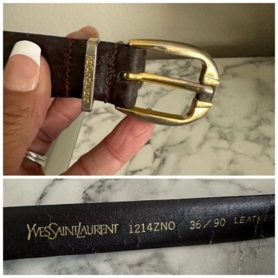 Vintage YSL Yves Saint Laurent USA Brown Leather Belt | Brass Buckle | Size 36 - Image 1 of 4