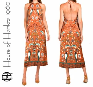 House of Harlow 1960 Revolve Tropical Satin Brown Halter Dress Sz Medium Women's - Picture 1 of 6