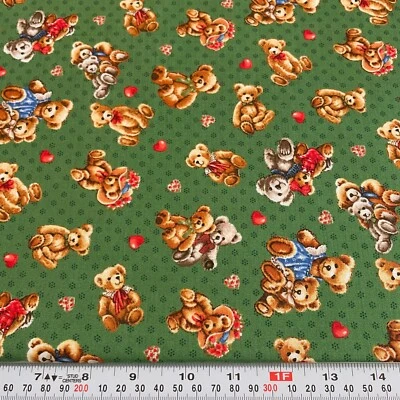Bear Hugs by Fabri-Quilt Bears & Hearts on Green Cotton Fabric by the HALF YARD
