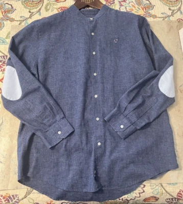 Camisa Lands End Mezcla de Lino Parche Codo Manga Larga Cuello Banda Talla 17x34 Azul Foto 1 de 4