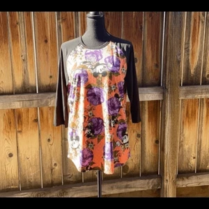 LuLaRoe Randy top raglan Minnie Mouse black purple orange 3/4 sleeve Large - Picture 1 of 5
