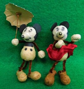 Vintage Spun Cotton & Chenille Pie Eyed Mickey & Minnie Mouse Xmas Ornaments??