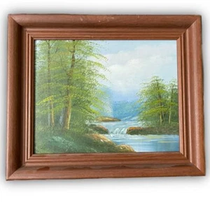 Old Picture Hand Painted Oil Painting Nature Landscape Spring River Wood Frame  - Picture 1 of 10