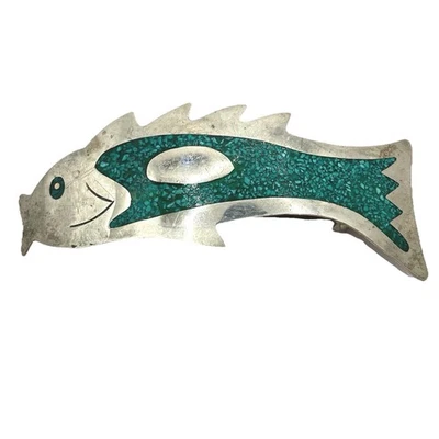 Рыбная заколка Salsa Designs сделано в Мексике бирюзовая инкрустация серебристый тон 4 дюйма см. - Изображение 1 из 4