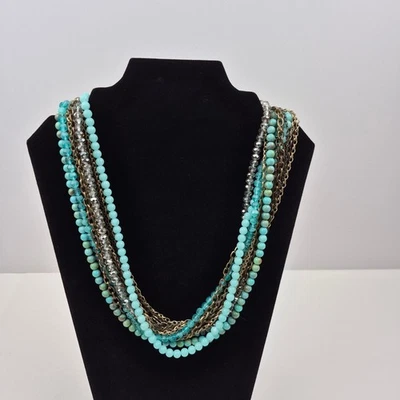 Collar Ann Taylor Loft 20" Multi-Hebra Cuentas Imitación Turquesa Tono Bronce Boho Foto 1 de 4