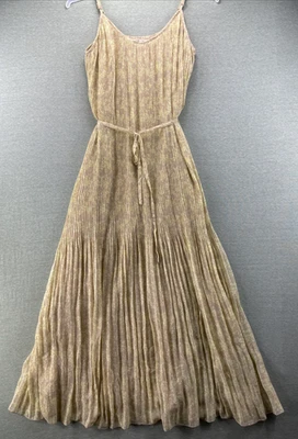 Maxi Vestido Antiguo Azul Marino Talla S Tostado y Amarillo Plisado Elegante Corbata Cintura Correas Ajustables Usado en Excelente Condición Foto 1 de 4