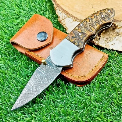 Custom made DAMASCUS STEEL POCKET FOLDING knife, POCKET KNIVES W/SHEATH Z-5265 - Image 1 of 4