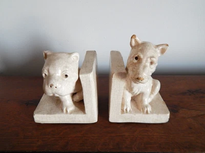 ANCIEN Paire de Serre Livres Art Déco Céramique Craquelée Chiens Signé R DAVID - Photo 1/4