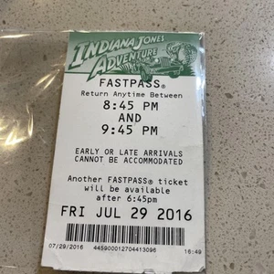ONE Disneyland Indiana Jones Adventure Fastpass Fast Pass 29 de julio de 2016 - Imagen 1 de 1