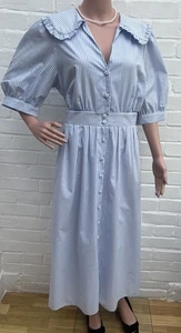 Nuovo abito Monsoon Frill popeline colletto UK 18 blu bianco righe midi fit svasato - Foto 1 di 12
