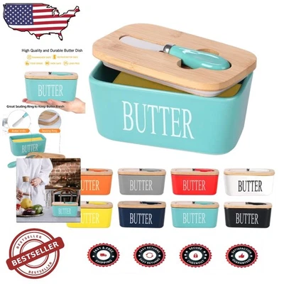 Elegant Ceramic Butter Dish, Green, Bamboo Lid, Stainless Steel Knife - Image 1 of 4