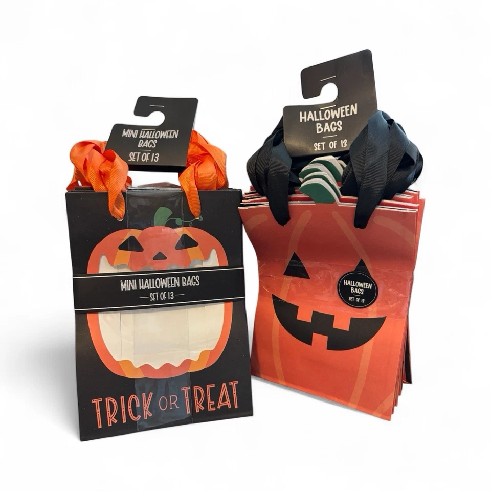 2 New luxe HALLOWEEN TREAT BAGS pumpkins SETS of 13 7x5x2.5 Ribbon handles PG-5 - Image 1 of 4