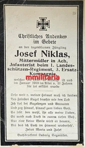 Sterbebild WWI Infanterist Ach Landesschützen Regt. 1 für tot erklärt 1919 - Bild 1 von 3