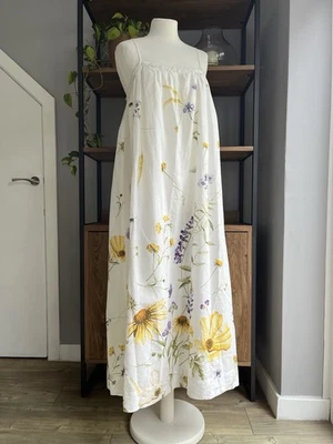 H&M Maxi Dress M 12 14 White Mix Floral Linen Blend Voluminous Adjustable Straps - Image 1 of 4