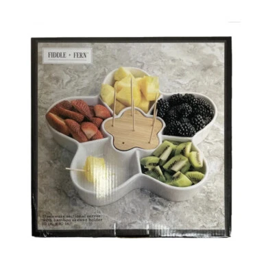 NEW Fiddle+Fern Divided Serving Appetizer Dish Tray Plate Stoneware White Bamboo - Image 1 of 4