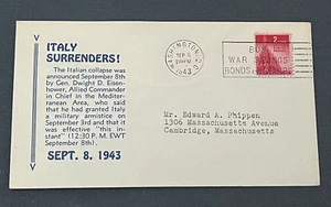 SEP 8 1943 ITALY SURRENDERS WWII PATRIOTIC !! WASHINGTON DC BUY WAR BONDS SLOGAN - Picture 1 of 2