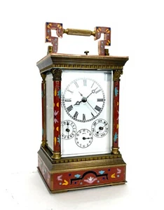 French Style Floral Red Enamel Brass 8 Day Repeater Calendar Carriage Clock - Picture 1 of 7