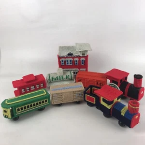 Lot 2 Plastic Canvas Trains And Building Handcrafted 9 Pieces Wood Bead “Wheels” - Picture 1 of 6