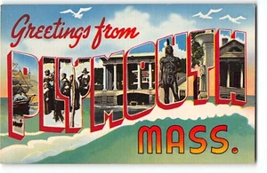 PLYMOUTH MASS Large Letter Linen Postcard c1940 - Pilgrims, Mayflower, Massasoit - Picture 1 of 2