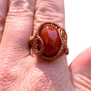 Roter Karneol Edelstein Ring Größe 9 Kupferdraht Verpackung Handarbeit Schmuck Geschenk - Bild 1 von 13