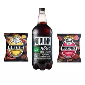 Ukrainian Snack/Drink Set 1.5L Kvas Chorniy & 2x Flint GRENKI Тарас Квас Чорний - Picture 1 of 4