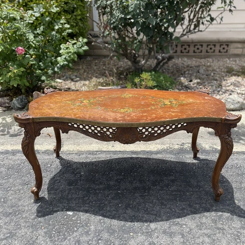 Vintage Solid Wood Hand Carved Center Coffee Table Painted Flower Cover