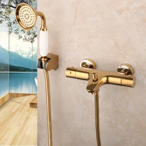 Thermostatic 2 PCS Bathtub Gold Shower Hand Spray Faucet Mixer Wall Mounted Taps - Picture 1 of 5