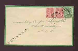 ST VINCENT 1934 GREEN EDGED ENVELOPE POSTED on HIGH SEA HANDSTAMP to DETROIT USA - Picture 1 of 1