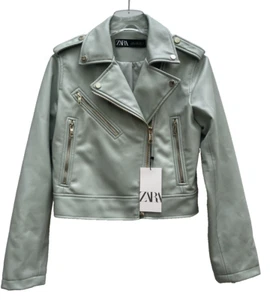 Zara Mint Faux Leather Biker Jacket Size Medium Ref 3046 050 - Picture 1 of 6