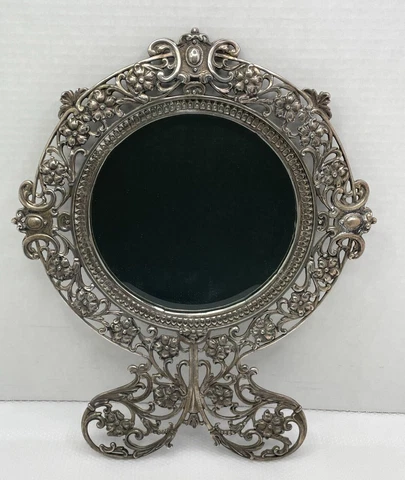 Vtg Wall Mirror Art Nouveau Ornate Pewter Framed With Beveled Mirror 16 1/2 x 13 Cover