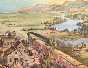 Currier Ives ACROSS THE CONTINENT Trenes Impresión Vintage Litografía Arte Antiguo - Imagen 1 de 4