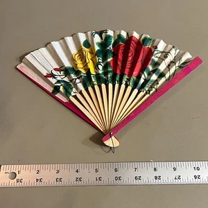 Vintage Holz & Papier Handfächer klappbar 1950-1960 Taiwan Floral - Bild 1 von 8