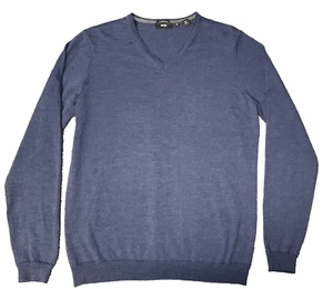 HUGO BOSS Men Blue Extrafine Merino Wool Slim Fit Pullover Knit Sweater Size XL - Picture 1 of 10