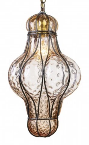 Murano Light Pendant BELLINI blown glass inside wrought iron cage*Amber *Venice Cover