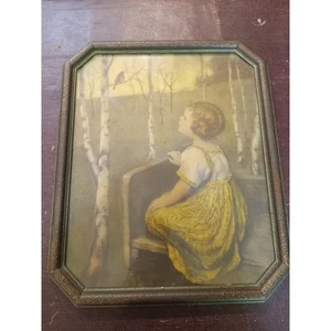 Vintage Glucklich Mages Chicago Spring Song Framed Print Girl Bird Birch Trees - Picture 1 of 9