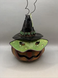 Tin Pumpkin Jack-o-Lantern Tea Light Witch Hat Halloween Decor Hanger Lamp - Picture 1 of 6