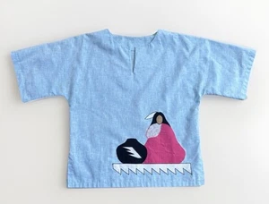 VTG 1970s Shirt Top Women’s L Blue Blouse Native American Appliqué Short Sleeve - Picture 1 of 5