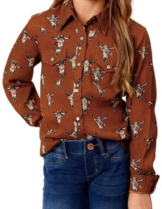 Roper Western Shirt Girls L/S Cow Skulls XS Brown 03-080-0590-6103 BR - Picture 1 of 2