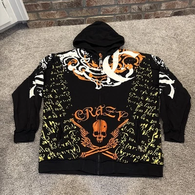Винтажный Y2K Blac этикетка с капюшоном полный молнии куртка 4XL черный черепа искусственно состаренный AOP - Изображение 1 из 4