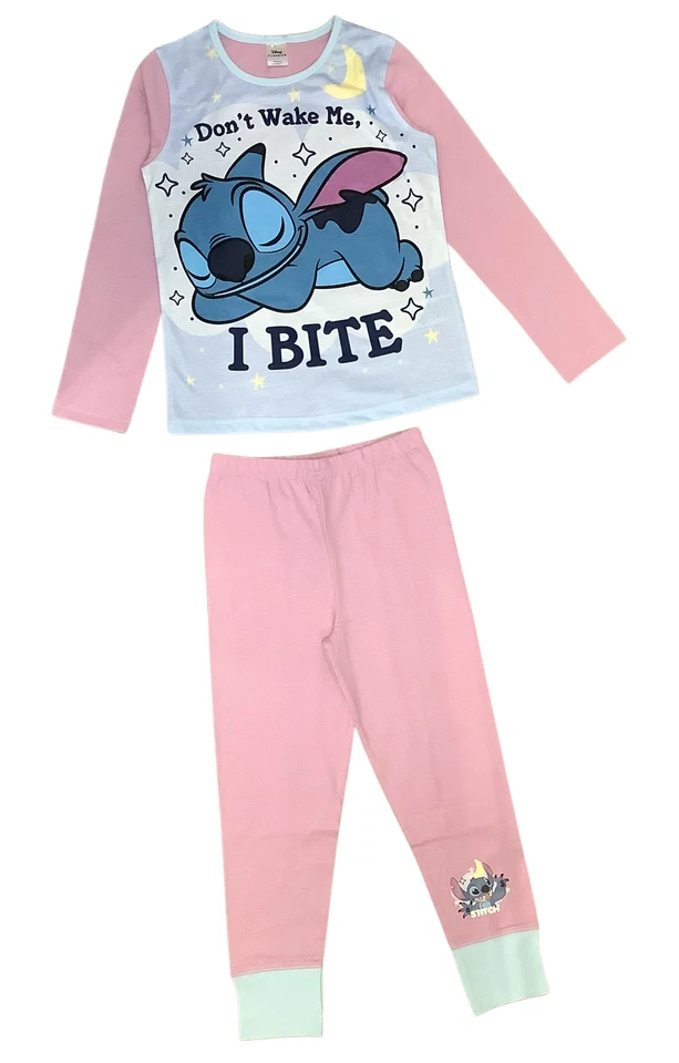 DISNEY Girls Lilo & Stitch Pyjamas PJs 5-12 Yrs Pink Dont Wake Me Long Sleeved Trouser