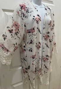 Blusa Mason Belle Floral Encaje Kimono XXL Blanca Frente Abierto Transparente Playa Cubrir - Imagen 1 de 15