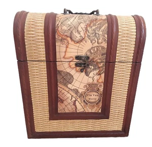 Pier 1 Holz & Metall alte Weltkarte 2 Flaschen Schnaps/Wein Aufbewahrungsbox LG 14" x 13" - Bild 1 von 13