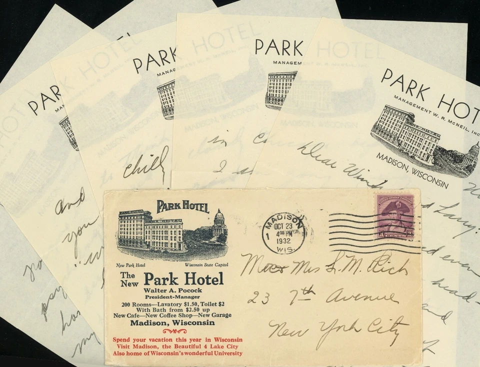 Madison Wisconsin Park Hotel Advertising Cover Postage 1932 w Letter USA - Image 1 of 1