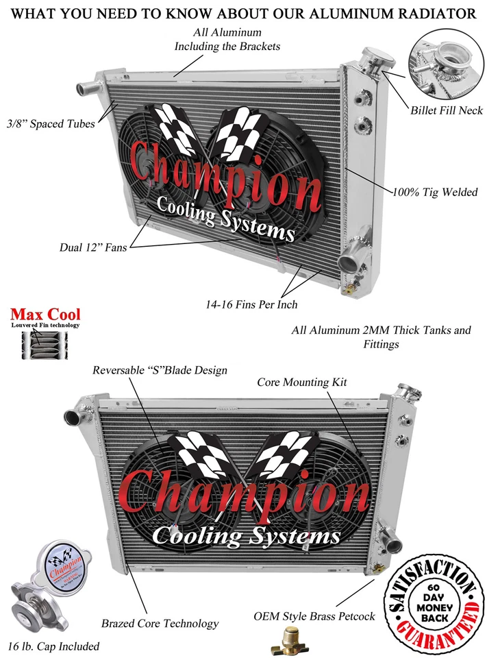 2 Row KR Radiator W/ 2 12" Fans for 1982 - 1992 Pontiac Firebird Trans Am - Imagem 1 de 4