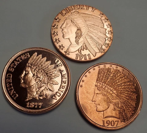 1877 Indian Head 1907 & 1911 Indian Head one Troy oz COPPER BULLION 3 COIN LOT Cover