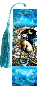 SIAMESE CAT ON MOON/BLUE EYED/ FLOWERS UNIQUE EXQUISITE LAMINATED BOOKMARK - Picture 1 of 1