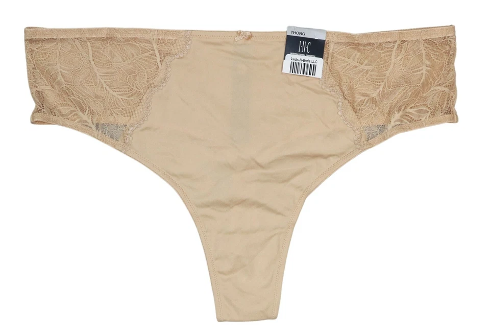 Inc International Concepts Womens Plus Size Lace-trim Thong Panties Beige 2x