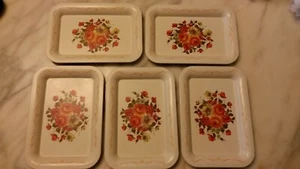 Set of 5 Vintage NOS Pretty Metal Floral Snack Trinket Trays Small 5x7 Flowers - Picture 1 of 2